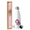 Easter Set, metallic stainless steel water bottle (750ml) & scented flat Easter candle (30cm) (PINK)