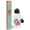 Easter Set, metallic aluminum water bottle (500ml) & scented flat candle (30cm) (TURQUOISE)