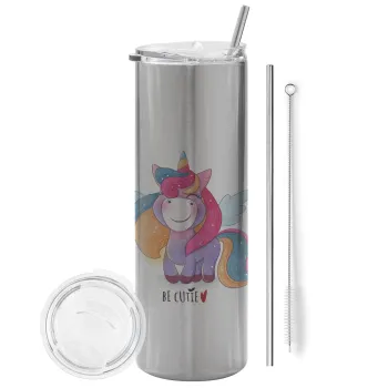 Pink unicorn, Tumbler stainless steel Silver 600ml, with metal straw & cleaning brush