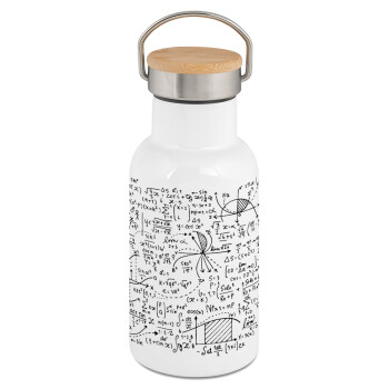 I LOVE MATHS (μαθηματικά), Μεταλλικό παγούρι θερμός (Stainless steel) Λευκό με ξύλινο καπακι (bamboo), διπλού τοιχώματος, 350ml