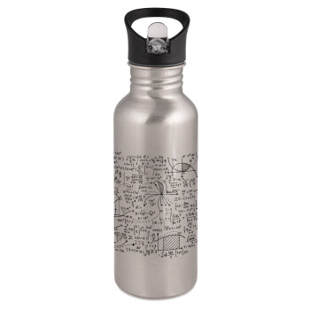 I LOVE MATHS, Water bottle Silver with straw, stainless steel 600ml