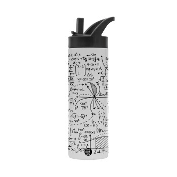 I LOVE MATHS, Metallic thermos bottle with straw & handle, stainless steel (Stainless steel 304), double-walled, 600ml.