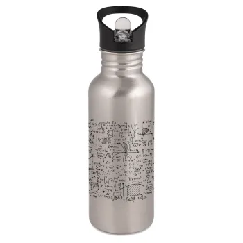 I LOVE MATHS, Water bottle Silver with straw, stainless steel 600ml