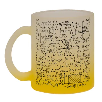 I LOVE MATHS (μαθηματικά), Κούπα γυάλινη δίχρωμη με βάση το κίτρινο ματ, 330ml