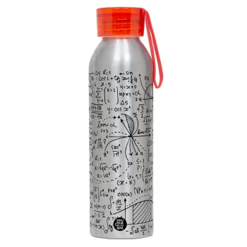 I LOVE MATHS (μαθηματικά), Αλουμινένιο Αθλητικό Μπουκάλι 650ml – Ασημί με Κόκκινο Καπάκι και Λουράκι Σιλικόνης