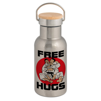 JUDO free hugs, Μεταλλικό παγούρι θερμός (Stainless steel) Ασημένιο με ξύλινο καπακι (bamboo), διπλού τοιχώματος, 350ml