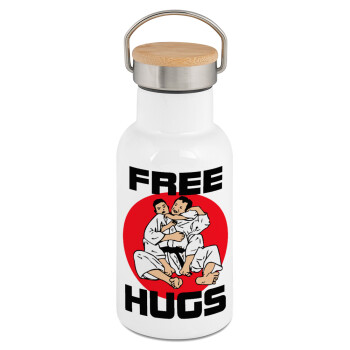 JUDO free hugs, Μεταλλικό παγούρι θερμός (Stainless steel) Λευκό με ξύλινο καπακι (bamboo), διπλού τοιχώματος, 350ml