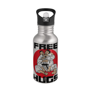 JUDO free hugs, Water bottle Silver with straw, stainless steel 500ml