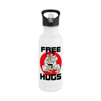 JUDO free hugs, White water bottle with straw, stainless steel 600ml