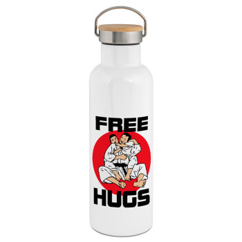 JUDO free hugs, Stainless steel White with wooden lid (bamboo), double wall, 750ml