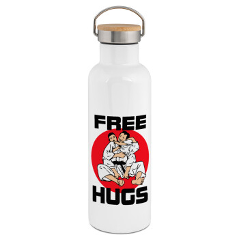 JUDO free hugs, Μεταλλικό παγούρι θερμός (Stainless steel) Λευκό με ξύλινο καπάκι (bamboo), διπλού τοιχώματος, 750ml
