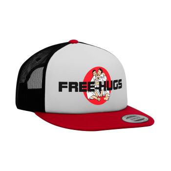 JUDO free hugs, Adult Foam Flat Snapback with Mesh Red-White-Black (POLYESTER, ADULT, UNISEX, ONE SIZE)