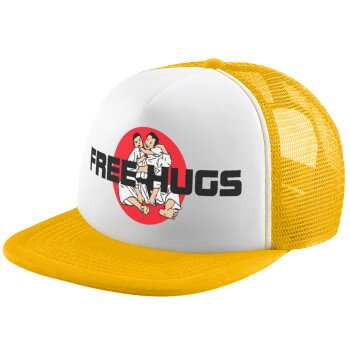 JUDO free hugs, Adult Soft Trucker Hat with Yellow/White Mesh (POLYESTER, ADULT, UNISEX, ONE SIZE)