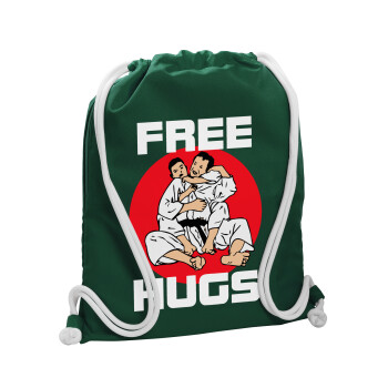 JUDO free hugs, Τσάντα πλάτης πουγκί GYMBAG BOTTLE GREEN, με τσέπη (40x48cm) & χονδρά λευκά κορδόνια