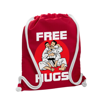 JUDO free hugs, Τσάντα πλάτης πουγκί GYMBAG Κόκκινη, με τσέπη (40x48cm) & χονδρά κορδόνια