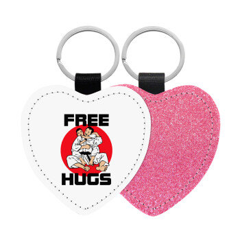 JUDO free hugs, Μπρελόκ PU δερμάτινο glitter καρδιά ΡΟΖ