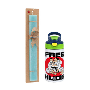 JUDO free hugs, Πασχαλινό Σετ, Παιδικό παγούρι θερμό, ανοξείδωτο, με καλαμάκι ασφαλείας, πράσινο/μπλε (350ml) & πασχαλινή λαμπάδα αρωματική πλακέ (30cm) (ΤΙΡΚΟΥΑΖ)