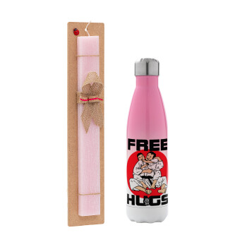 JUDO free hugs, Easter Set, Metallic pink/white (Stainless steel) thermos, double-walled, 500ml & aromatic flat Easter candle (30cm) (PINK)