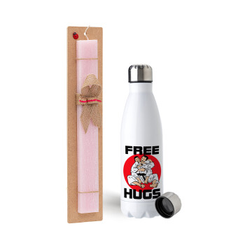 JUDO free hugs, Easter Set, metallic stainless steel water bottle (750ml) & scented flat Easter candle (30cm) (PINK)