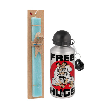 JUDO free hugs, Πασχαλινή Λαμπάδα με παγούρι μεταλλικό Ασημένιο αλουμινίου (500ml) & κερί αρωματικό πλακέ (30cm) (ΤΙΡΚΟΥΑΖ)