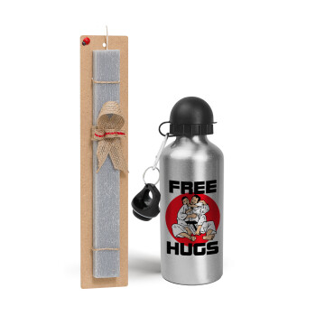 JUDO free hugs, Πασχαλινή Λαμπάδα με παγούρι μεταλλικό Ασημένιο αλουμινίου (500ml) & κερί αρωματικό πλακέ (30cm) (ΓΚΡΙ)