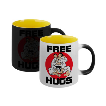 JUDO free hugs, Κούπα Μαγική εσωτερικό κίτρινη, κεραμική 330ml που αλλάζει χρώμα με το ζεστό ρόφημα