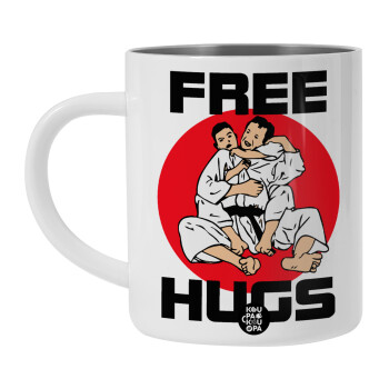 JUDO free hugs, Λευκή Ανοξείδωτη Μεταλλική Κούπα 450ml - Διπλού Τοιχώματος 