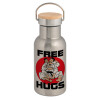 Stainless steel metallic thermos flask, silver with a bamboo lid, double-walled, 350ml.