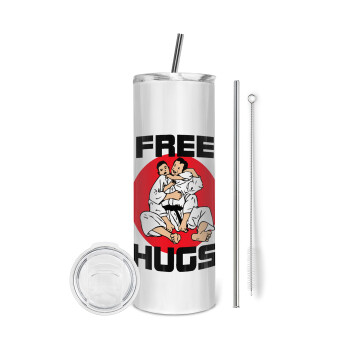JUDO free hugs, Tumbler ποτήρι θερμό από ανοξείδωτο ατσάλι 600ml, με μεταλλικό καλαμάκι & βούρτσα καθαρισμού