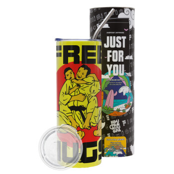 JUDO free hugs, Neon Yellow Travel Tumbler θερμό, μεταλλικό καλαμάκι(Ανωξείδωτο 304 Food grade, BPA free, 600ml)