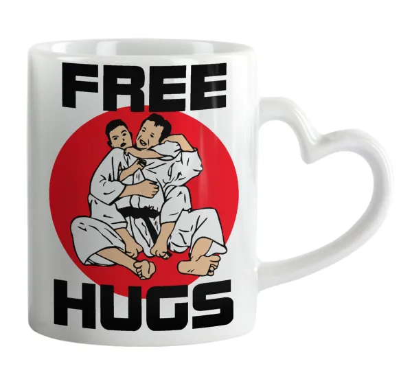 JUDO free hugs — Κούπα καρδιά χερούλι λευκή, κεραμική, 330ml