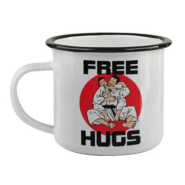 JUDO free hugs — Enamel mug with black rim, 360ml