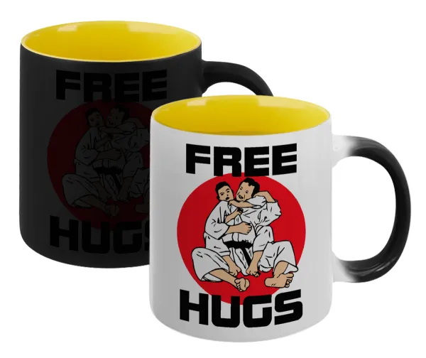 JUDO free hugs — Κούπα Μαγική εσωτερικό κίτρινη, κεραμική 330ml που αλλάζει χρώμα με το ζεστό ρόφημα