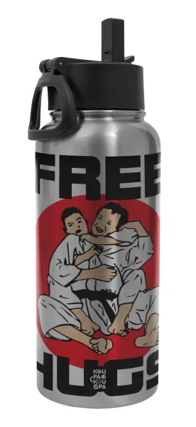 JUDO free hugs — Metal mug thermo Silver with Straw and Spout Lid (Stainless steel), double wall, 950ml