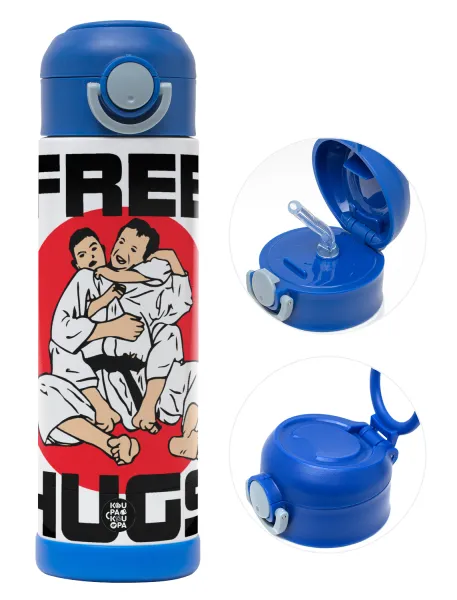 JUDO free hugs — Children's hot water bottle, stainless steel, with safety straw, BLUE (500ml)