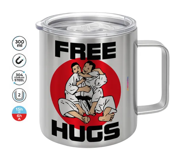JUDO free hugs — Double-walled stainless steel mug 300ml with temperature-retaining lid