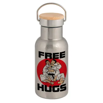 JUDO free hugs, Μεταλλικό παγούρι θερμός (Stainless steel) Ασημένιο με ξύλινο καπακι (bamboo), διπλού τοιχώματος, 350ml