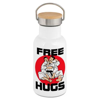 JUDO free hugs, Metallic thermos (Stainless steel) White with wooden lid (bamboo), double-walled, 350ml