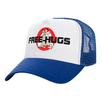JUDO free hugs, Adult Structured Trucker Hat, with Mesh, WHITE/BLUE (100% COTTON, ADULT, UNISEX, ONE SIZE)