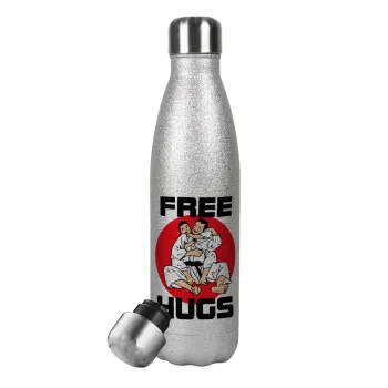 JUDO free hugs, Μεταλλικό παγούρι θερμός Glitter Aσημένιο (Stainless steel), διπλού τοιχώματος, 500ml