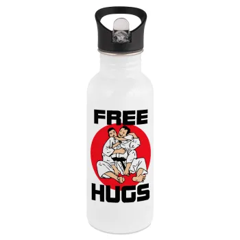 JUDO free hugs, White water bottle with straw, stainless steel 600ml