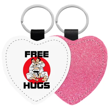JUDO free hugs, Μπρελόκ PU δερμάτινο glitter καρδιά ΡΟΖ
