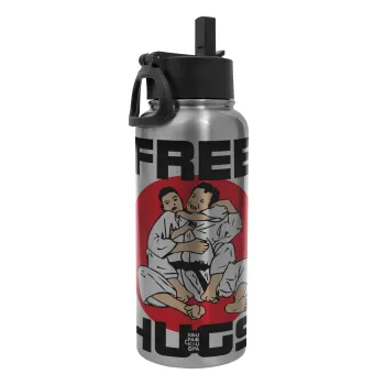 JUDO free hugs, Metal mug thermo Silver with Straw and Spout Lid (Stainless steel), double wall, 950ml