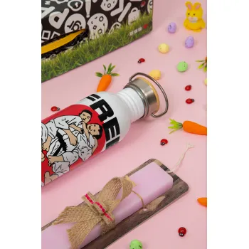 JUDO free hugs, Πασχαλινή Λαμπάδα με παγούρι μεταλλικό (620ml, stainless steel) & κερί αρωματικό πλακέ (30cm) (ΡΟΖ)