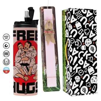 JUDO free hugs, Πασχαλινή Λαμπάδα με  ΡΟΖ Travel Tumbler θερμό (600ml, BPA free) & κερί αρωματικό πλακέ (30cm) (ΡΟΖ)