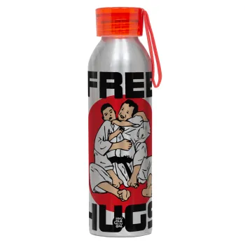 JUDO free hugs, Αλουμινένιο Αθλητικό Μπουκάλι 650ml – Ασημί με Κόκκινο Καπάκι και Λουράκι Σιλικόνης