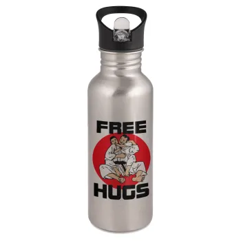 JUDO free hugs, Παγούρι νερού Ασημένιο με καλαμάκι, ανοξείδωτο ατσάλι 600ml