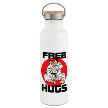 JUDO free hugs, Μεταλλικό παγούρι θερμός (Stainless steel) Λευκό με ξύλινο καπάκι (bamboo), διπλού τοιχώματος, 750ml