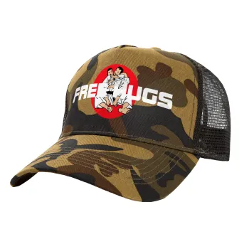 JUDO free hugs, Adult Structured Trucker Hat, with Mesh, (Camouflage) Army (100% COTTON, ADULT, UNISEX, ONE SIZE)