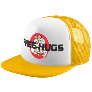 JUDO free hugs, Adult Soft Trucker Hat with Yellow/White Mesh (POLYESTER, ADULT, UNISEX, ONE SIZE)